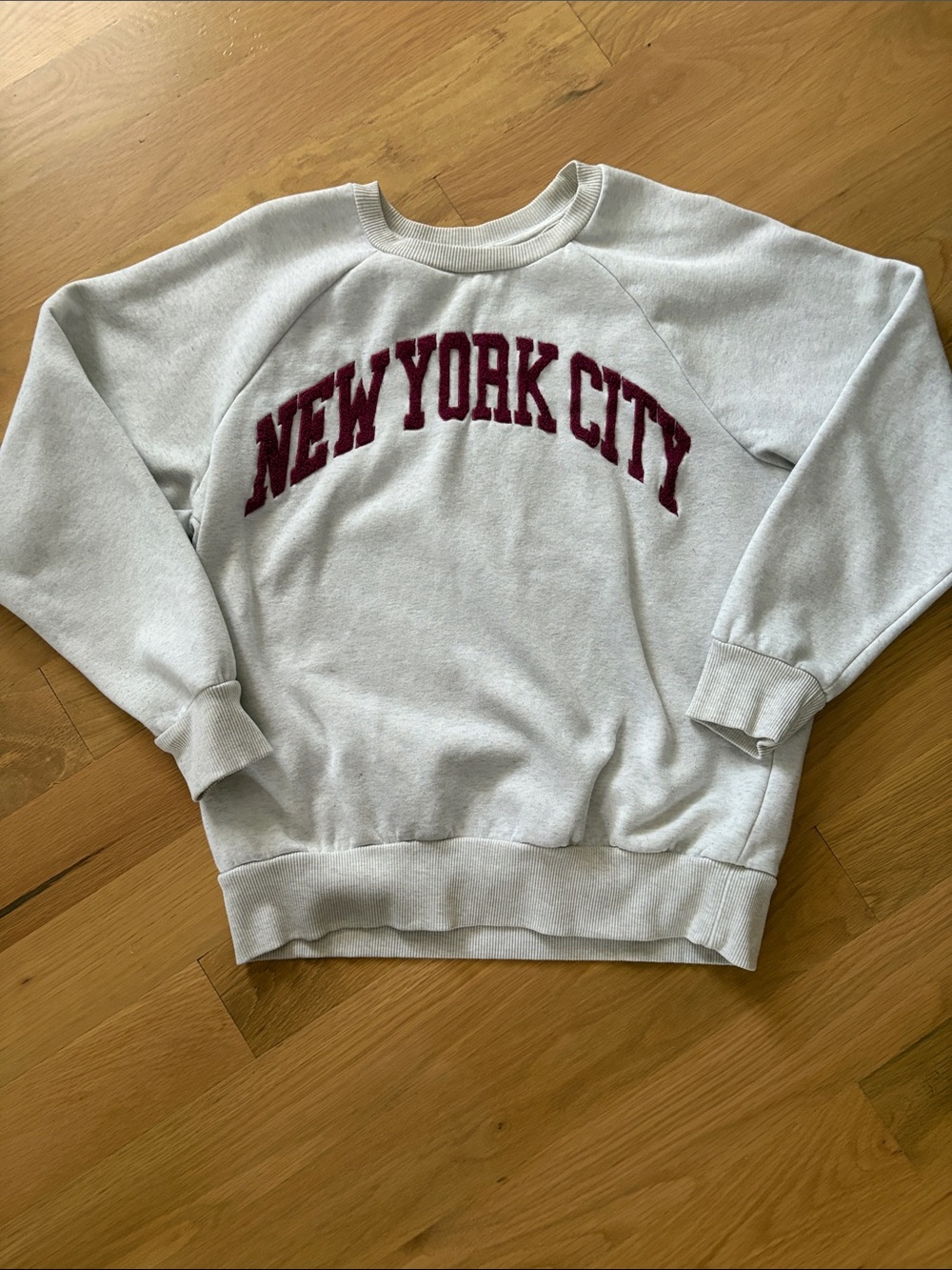 Bongo gray sweatshirt with embroidered maroon "NEW YORK CITY" lettering YL